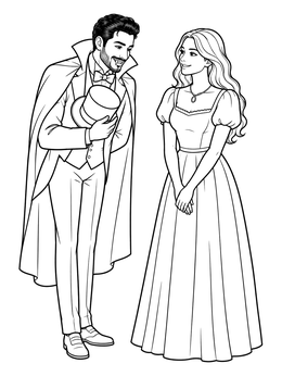 A charming vampire coloring page showing an elegant gentleman bowing politely to a lady in a gown.
