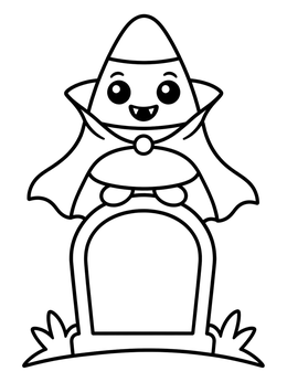 A cute candy corn coloring page featuring a tiny vampire candy perched on top of a tombstone.