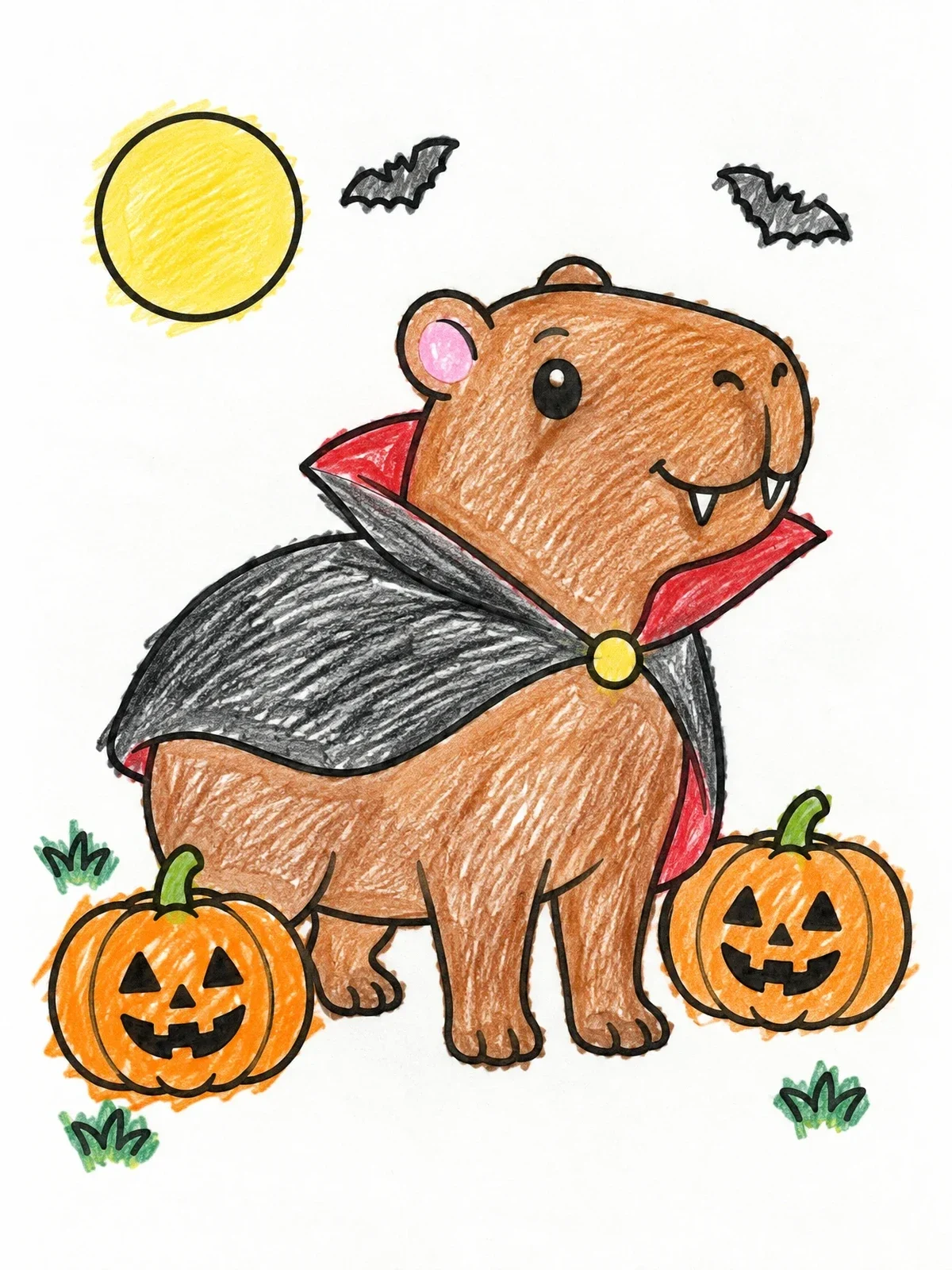 Colored example of the Vampire Capybara With Pumpkins coloring page