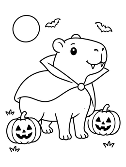 A vampire capybara coloring page with carved pumpkins and bats.
