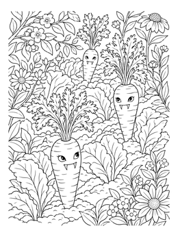 Quirky vampire carrots with fangs growing among garden leaves in this carrot coloring page.