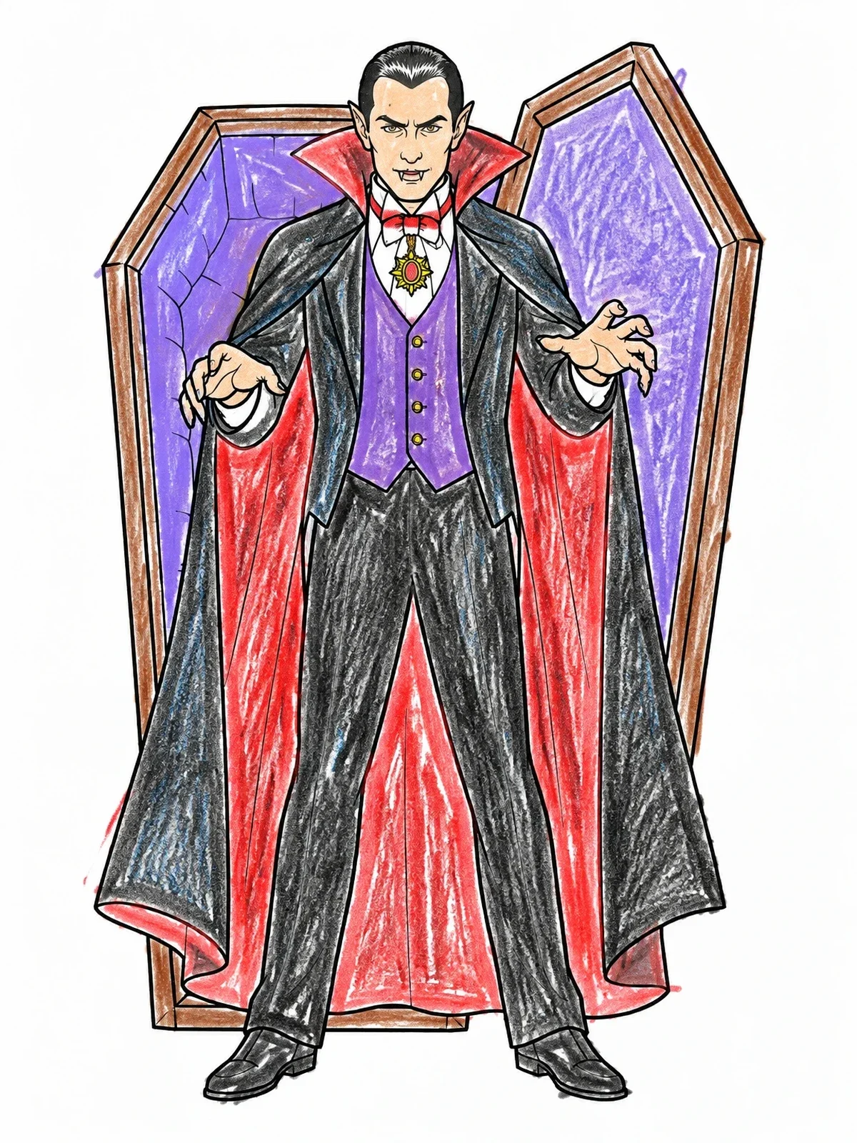 Colored example of the Count Dracula Emerging From Coffin coloring page