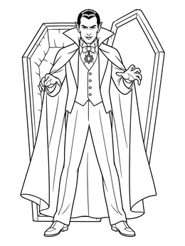 A classic vampire coloring page featuring Count Dracula standing proudly in front of his open coffin.