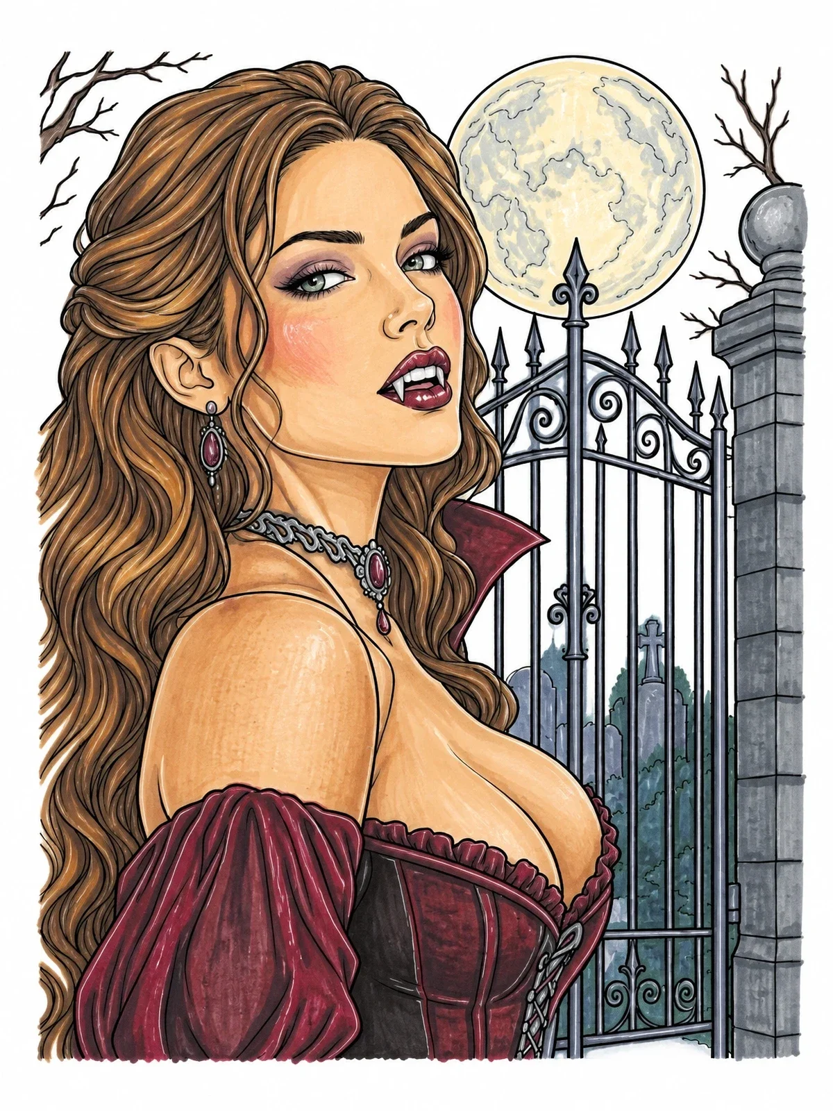 Colored example of the Vampire Countess By Cemetery Gate coloring page
