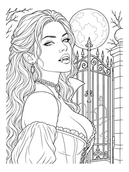 A gothic woman by an iron gate in this vampire coloring page under a glowing full moon.