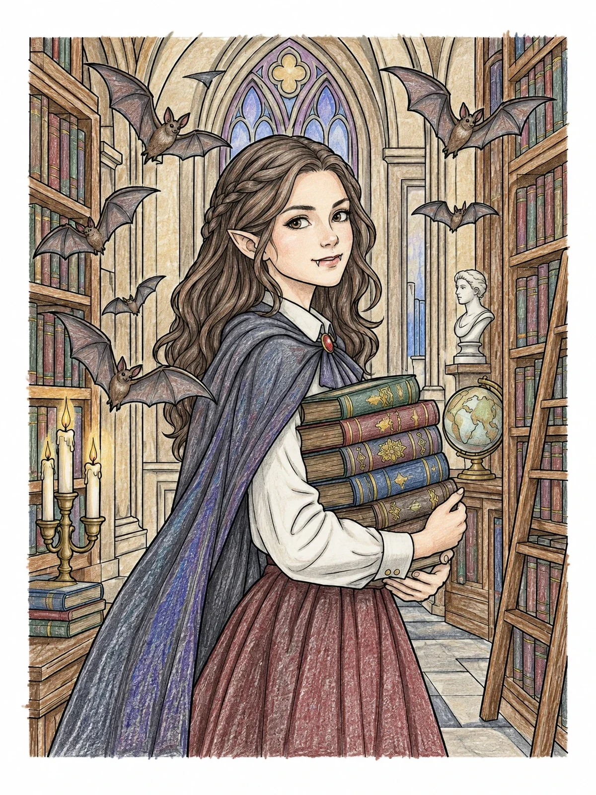 Colored example of the Vampire Girl In Gothic Library coloring page