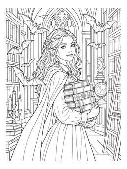 A teen girl holding books among bats in this vampire coloring page.