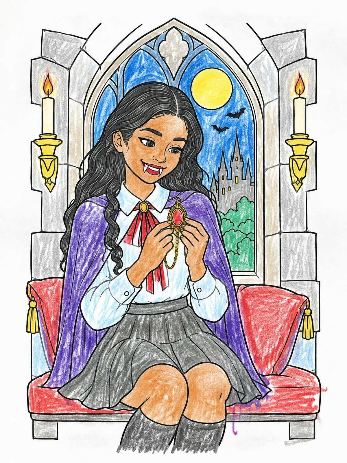 Colored example of the Vampire Girl With Antique Amulet coloring page