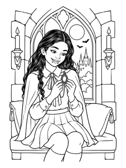 A young vampire girl admiring her amulet sits by a gothic window in this vampire coloring page.