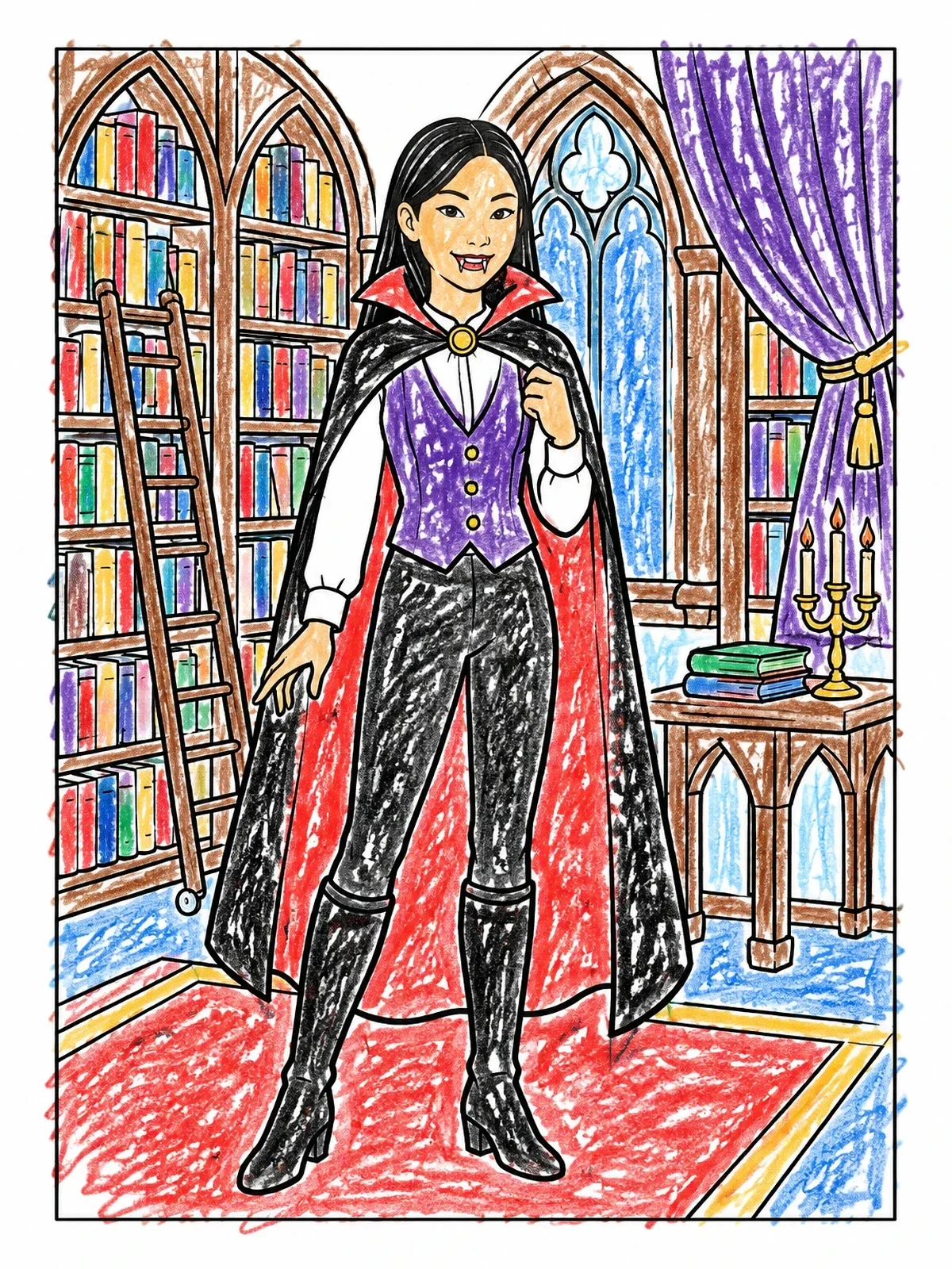 Colored example of the Vampire In A Gothic Library coloring page