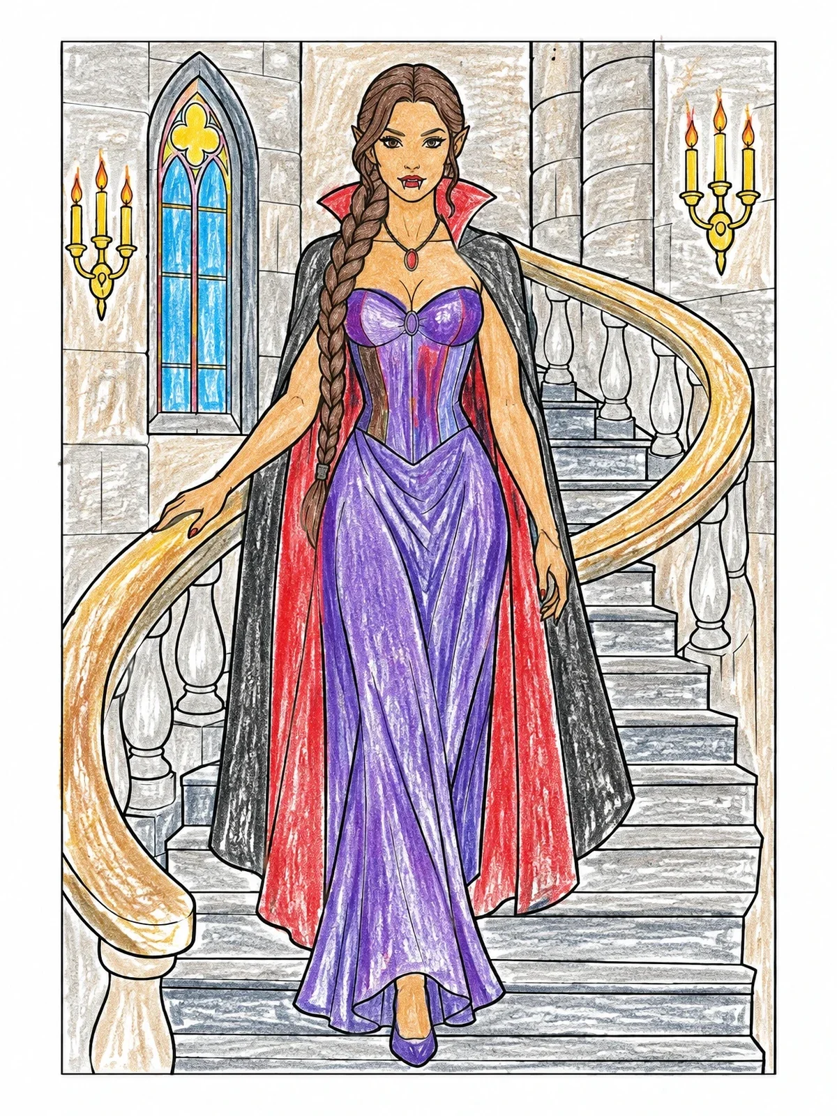 Colored example of the Vampire Lady On Spiral Staircase coloring page