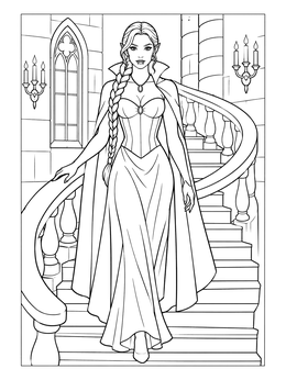 An elegant vampire coloring page showing a woman with fangs descending a grand castle staircase.