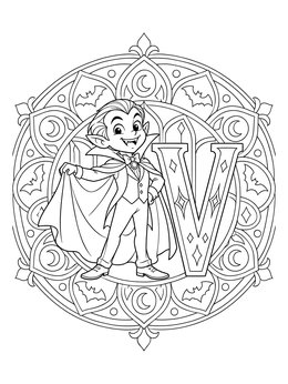 A friendly cartoon vampire stands beside a decorative letter V coloring page framed by a mandala.