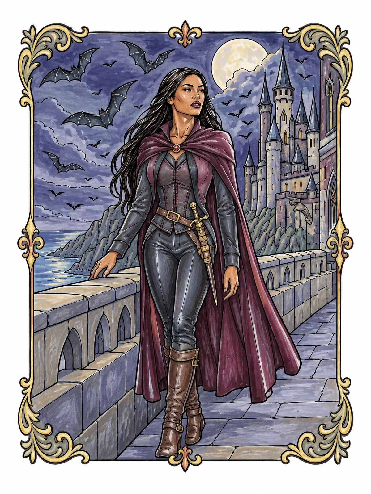 Colored example of the Vampire Noble On Castle Parapet coloring page