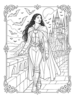 A gothic vampire coloring page featuring an elegant woman walking along a castle wall beneath swarming bats.