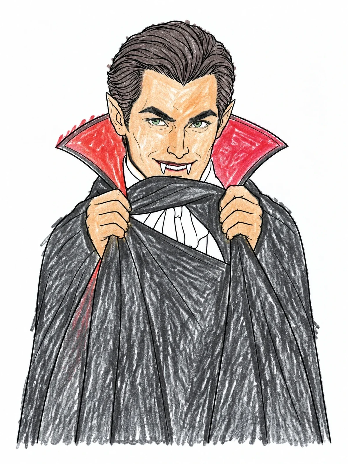 Colored example of the Vampire Peeking Over His Cloak coloring page