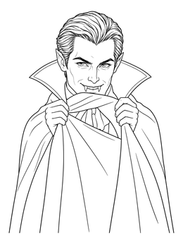 A smiling count on this vampire coloring page peers over his high-collared cape.
