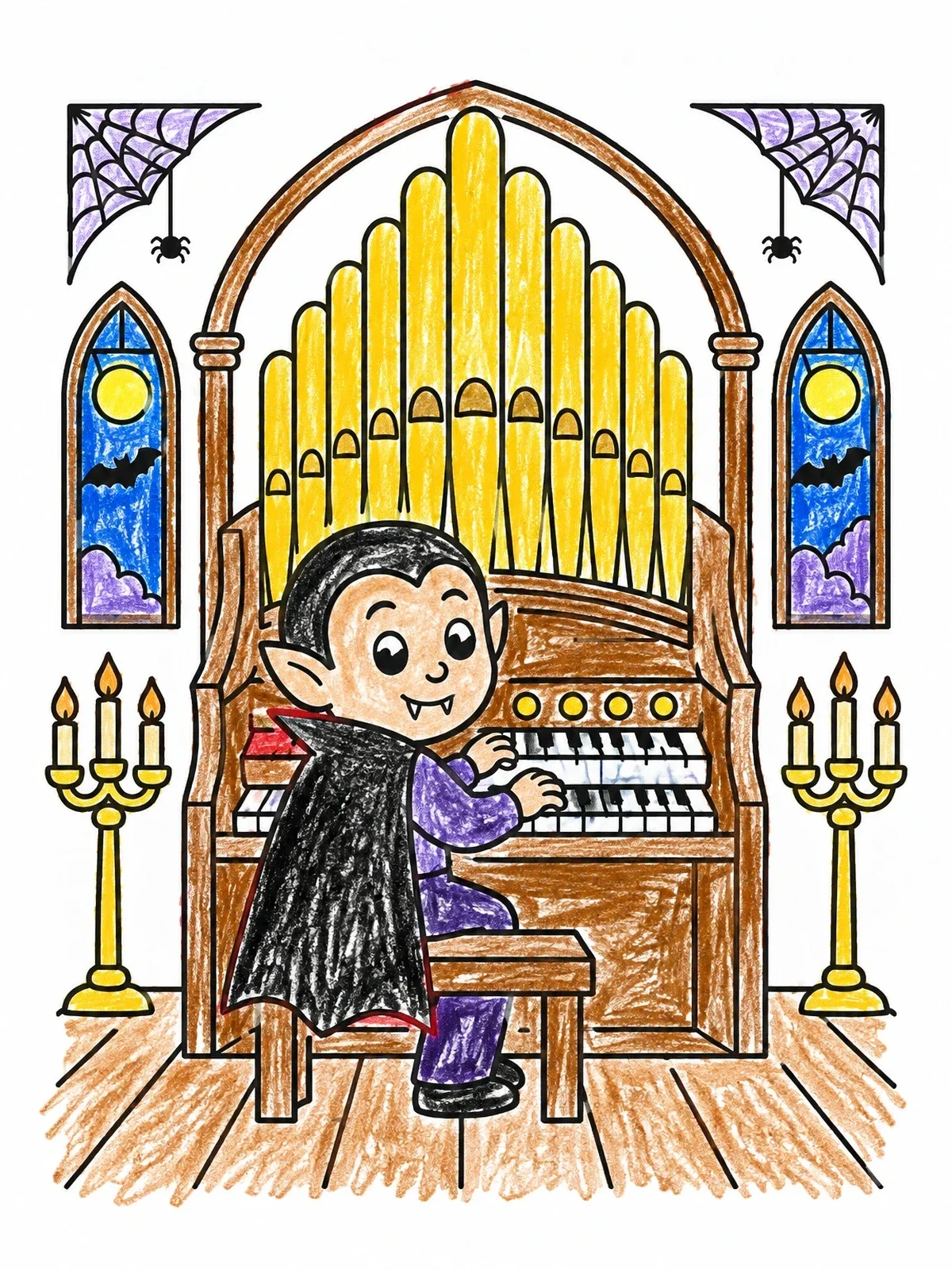 Colored example of the Friendly Vampire At The Pipe Organ coloring page