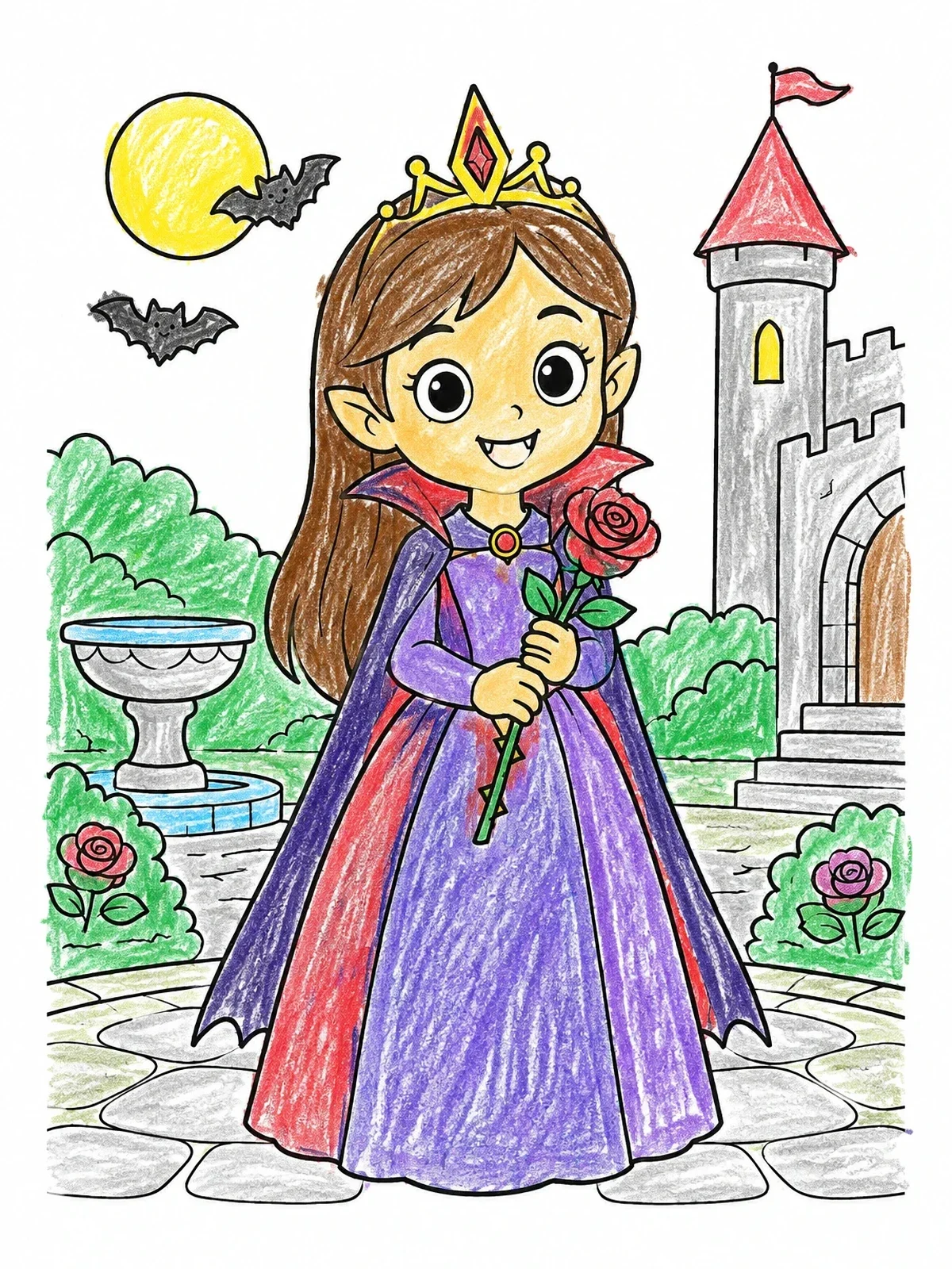 Colored example of the Vampire Princess In Courtyard coloring page