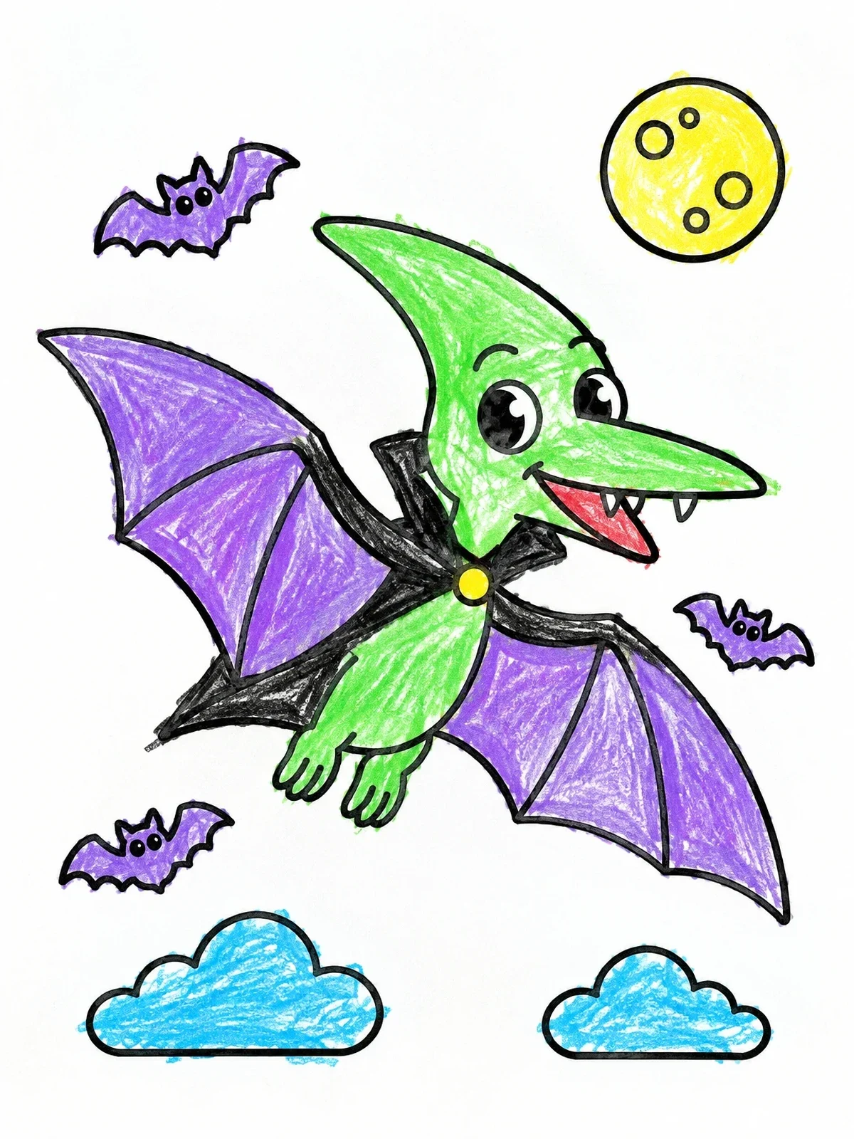 Colored example of the Vampire Pterodactyl Flying At Night coloring page