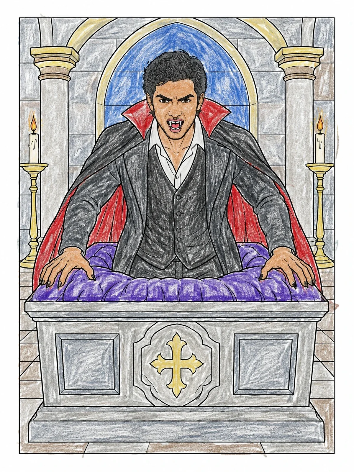 Colored example of the Vampire Rising From Stone Sarcophagus coloring page