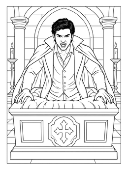 Dramatic vampire coloring page showing a count rising from a sarcophagus in a crypt.
