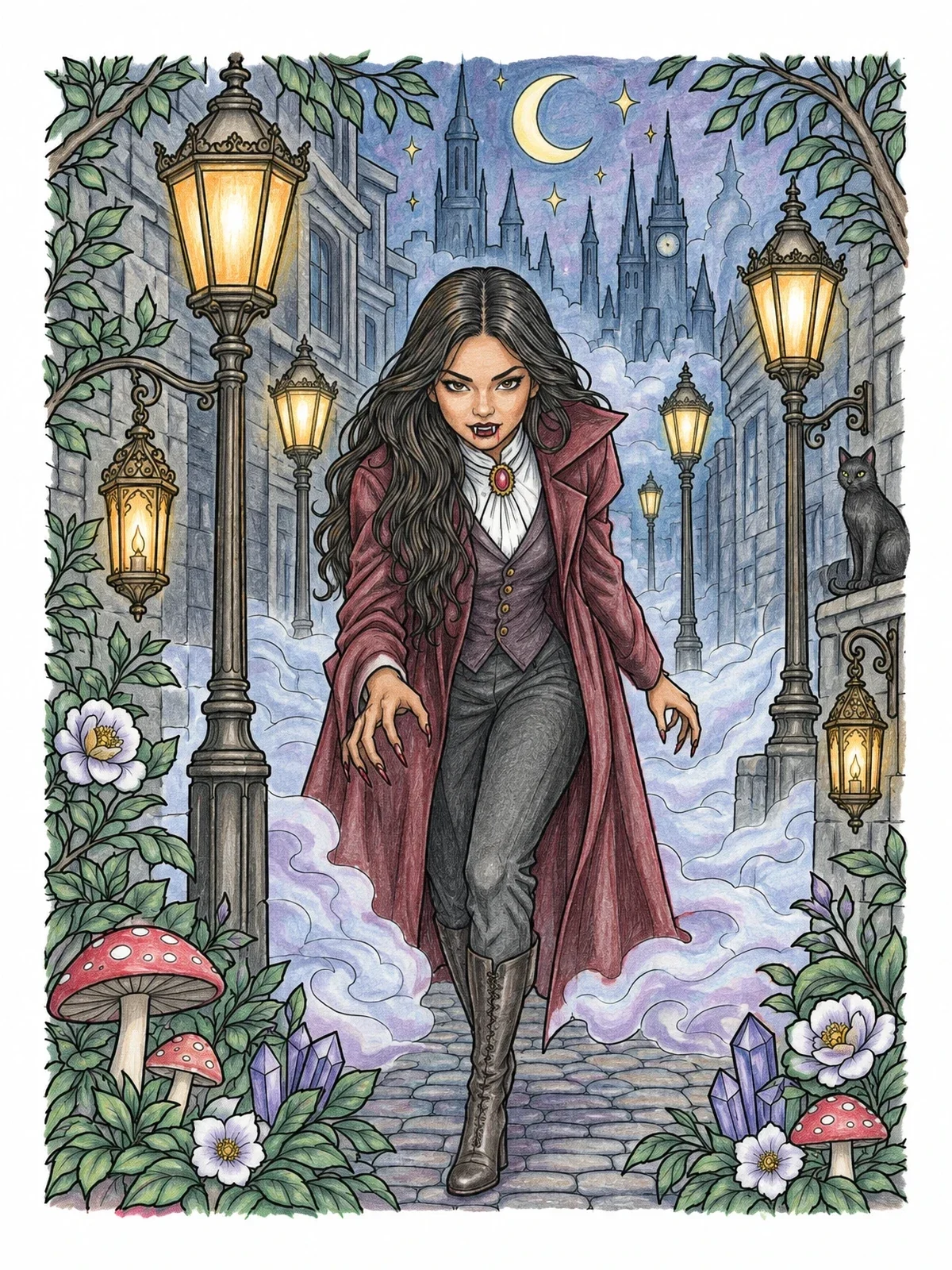 Colored example of the Vampire Stalking Through Victorian City Alley coloring page