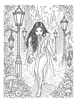 A female figure strides through mist in this gothic vampire coloring page with street lamps.