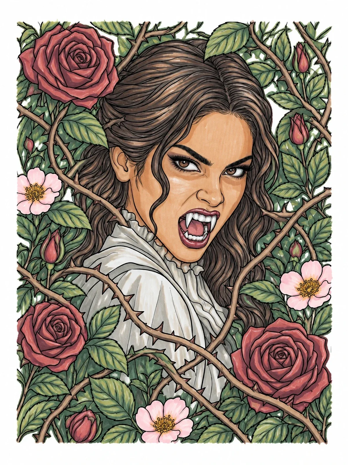 Colored example of the Vampire Woman Among Wild Rose Thorns coloring page