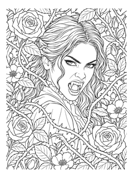 A fierce vampire coloring page with sharp fangs framed by blooming wild roses and thorny vines.