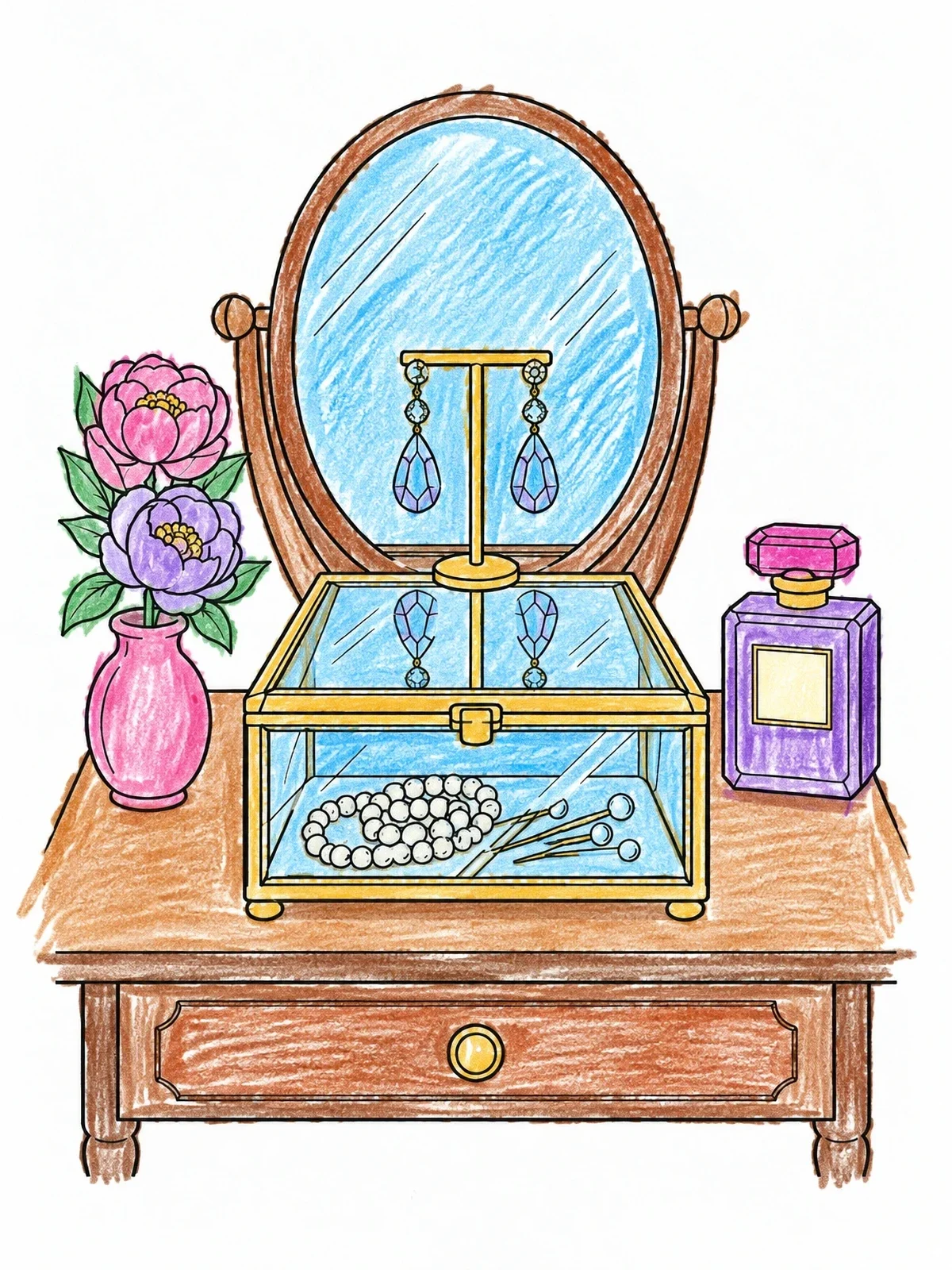 Colored example of the Vanity Table With Glass Jewelry Box coloring page