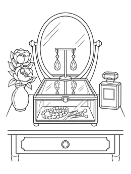A vanity table with mirror and crystal earrings in this jewelry coloring page.