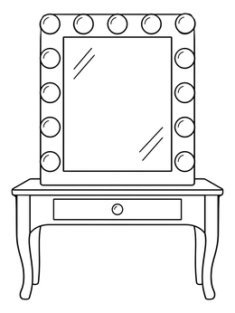 A lighted vanity mirror coloring page featuring a makeup table with light bulbs around the frame.