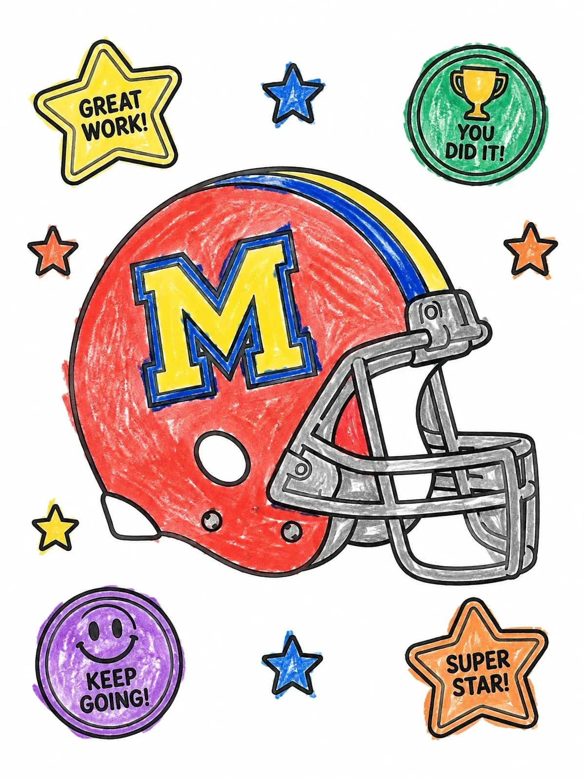 Colored example of the Varsity Football Helmet With Reward Badges coloring page