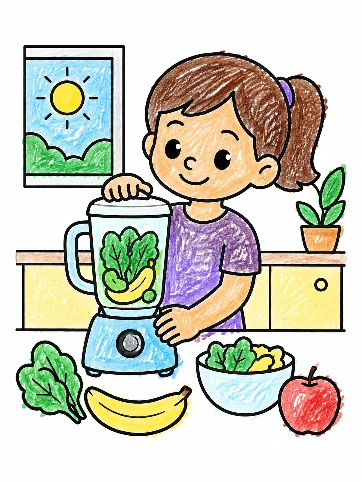 Colored example of the Child Making A Green Smoothie coloring page