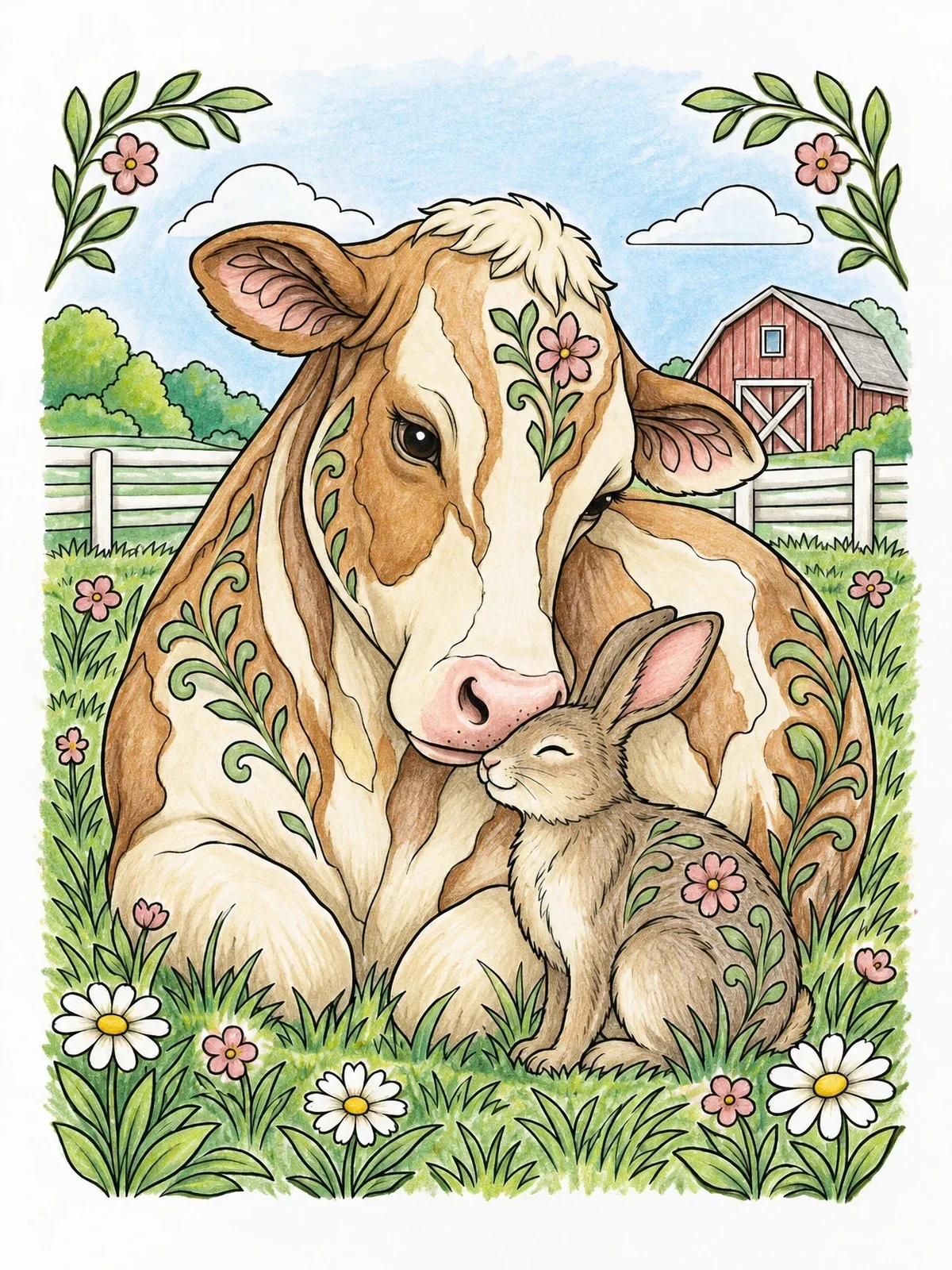Colored example of the Gentle Cow And Rabbit In Sanctuary coloring page