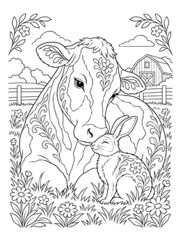 A peaceful cow and rabbit in a meadow on this vegan coloring page.