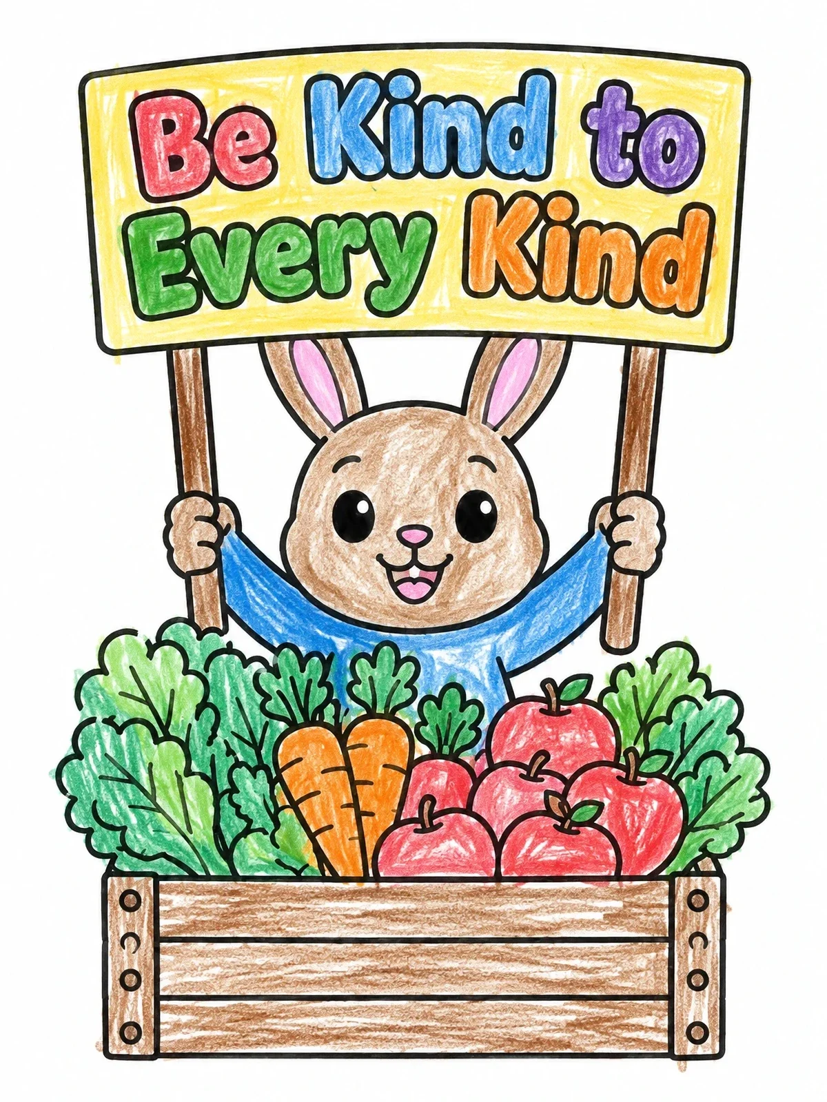 Colored example of the Cute Bunny With Fresh Harvest Sign coloring page