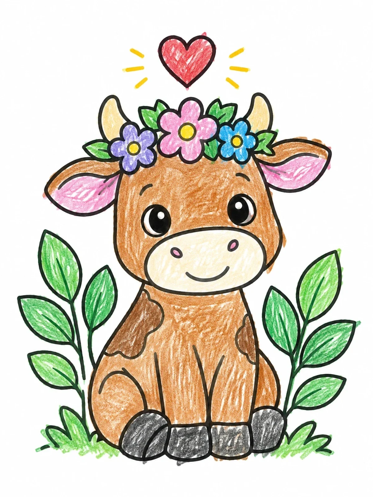 Colored example of the Cute Calf With Flower Crown coloring page