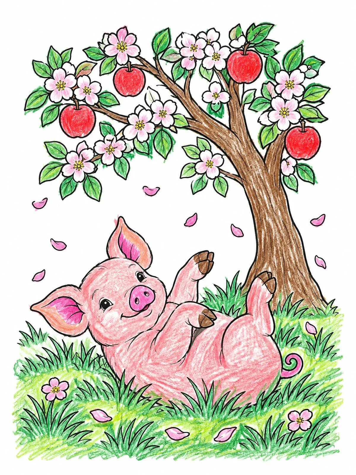 Colored example of the Happy Piglet Under Blooming Apple Tree coloring page