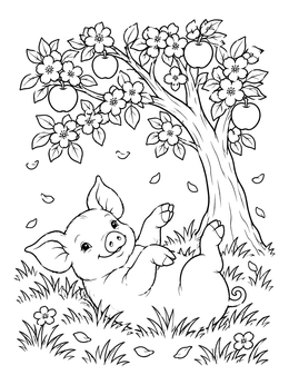 A cheerful vegan coloring page showing a playful piglet rolling in grass beneath an apple tree.