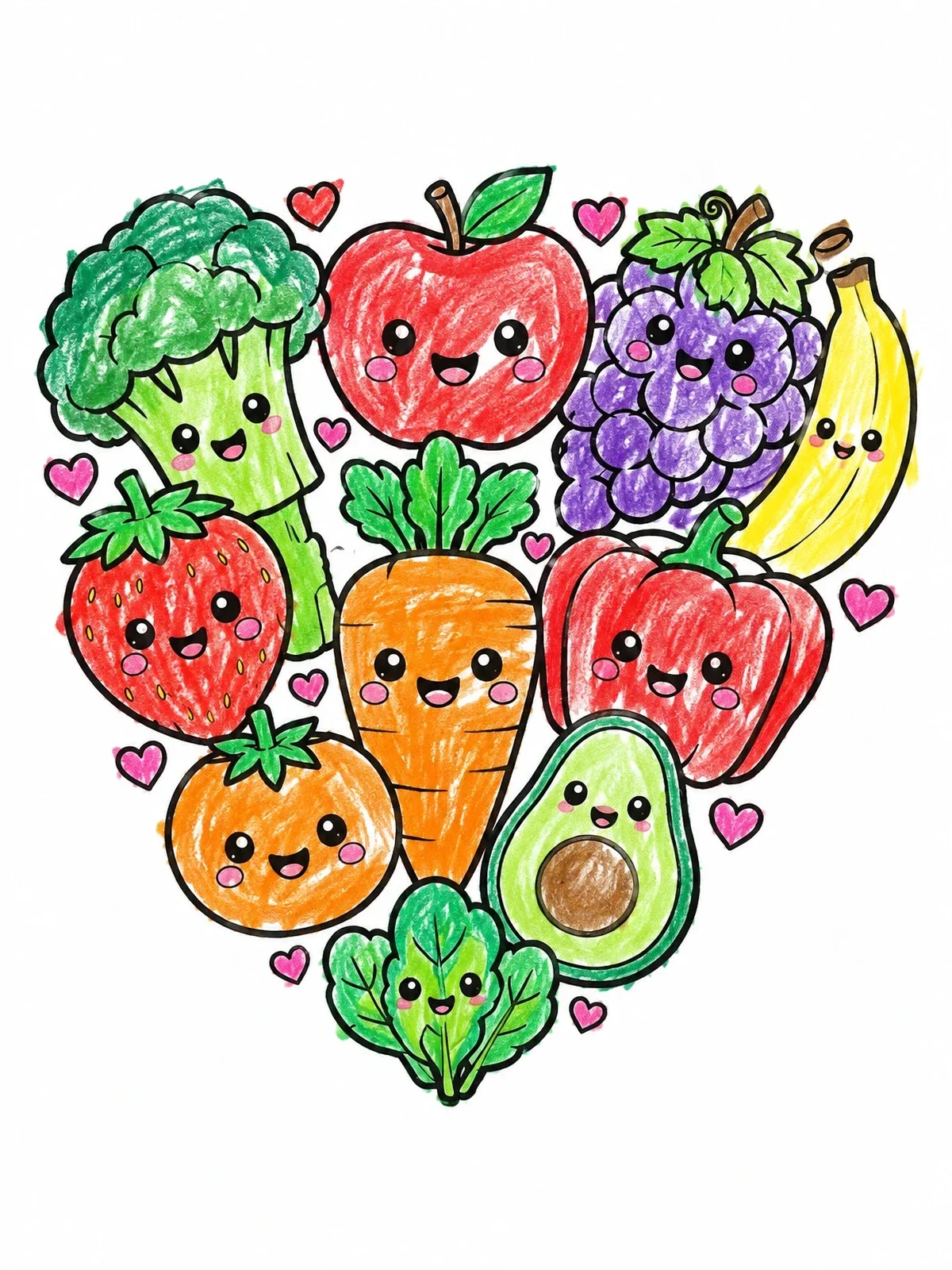 Colored example of the Kawaii Heart Of Fruits And Veggies coloring page