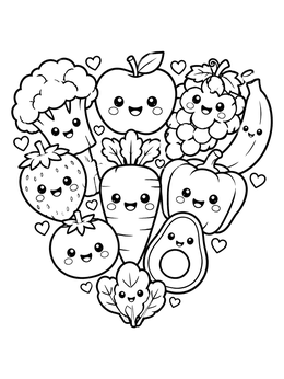 Free printable Kawaii Heart Of Fruits And Veggies coloring page