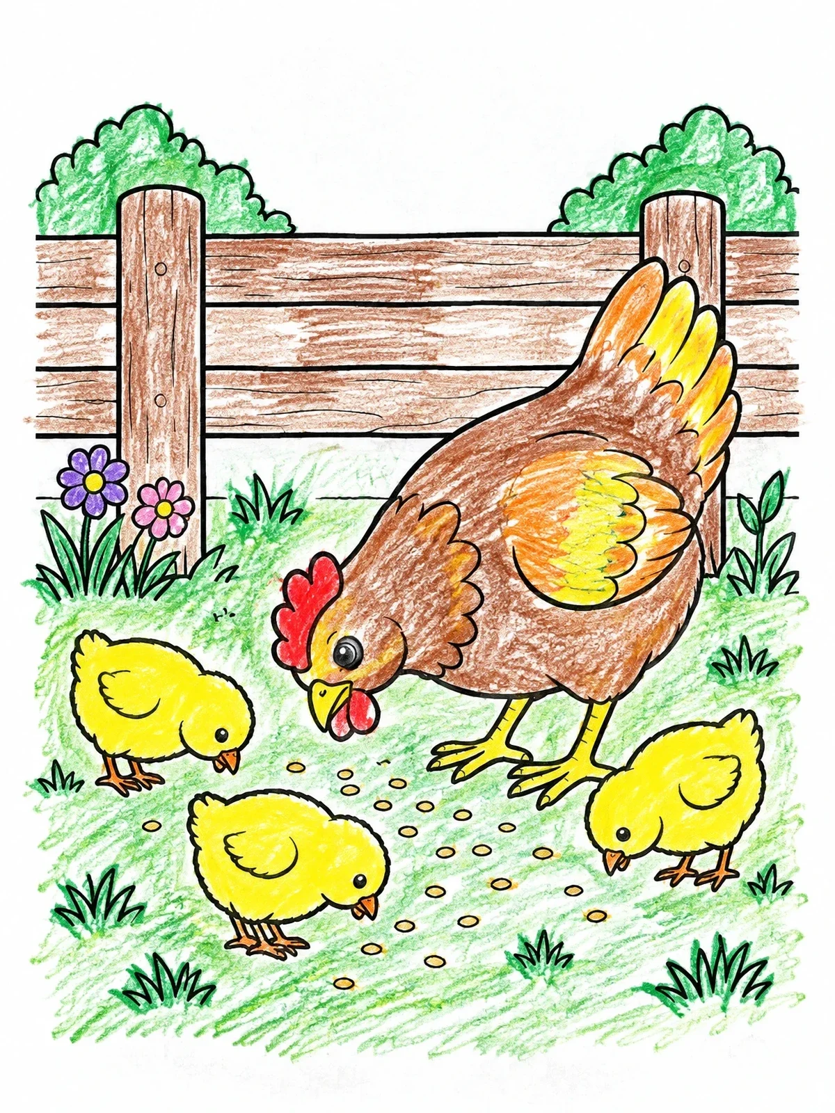 Colored example of the Mother Hen With Cute Chicks coloring page