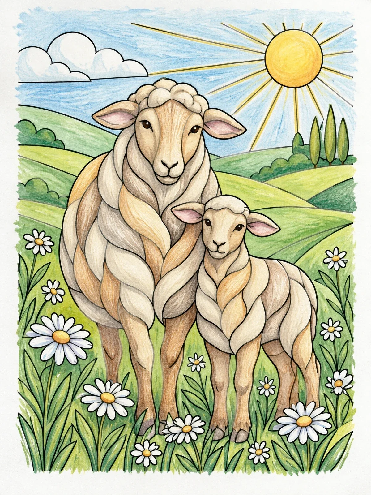 Colored example of the Sheep And Lamb In Sunny Pasture coloring page