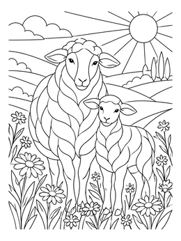 A sheep and lamb in a meadow featured in this vegan coloring page.