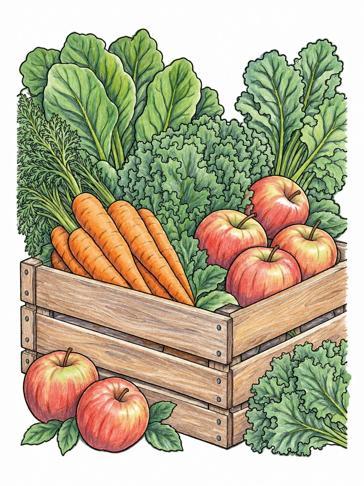 Colored example of the Harvest Wooden Crate With Vegetables And Fruit coloring page
