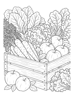 A rustic wooden crate filled with produce in this vegan coloring page.