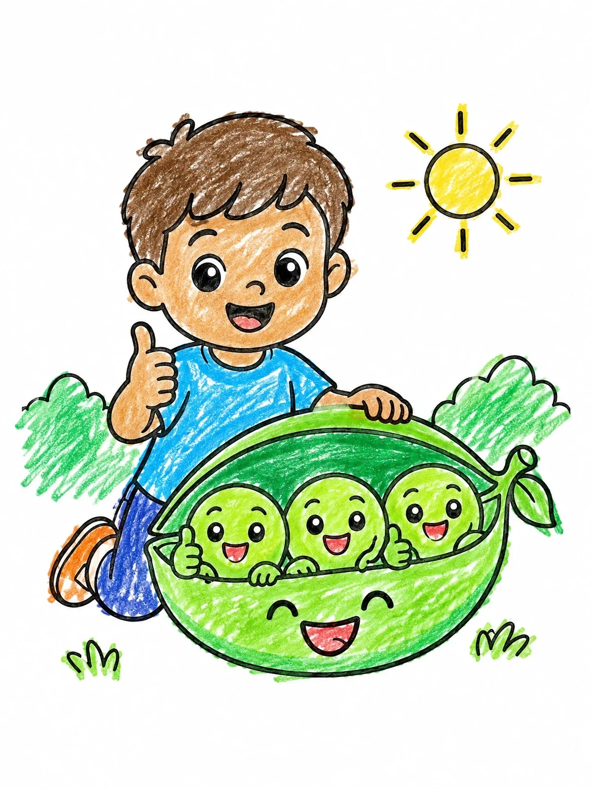 Colored example of the Boy With Happy Peas In Pod coloring page