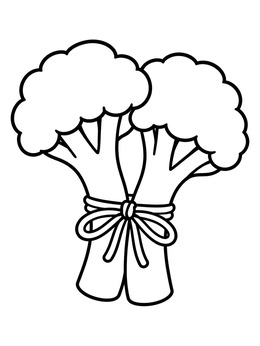 A simple vegetable coloring page showing two stalks of fresh broccoli tied with a ribbon bow.